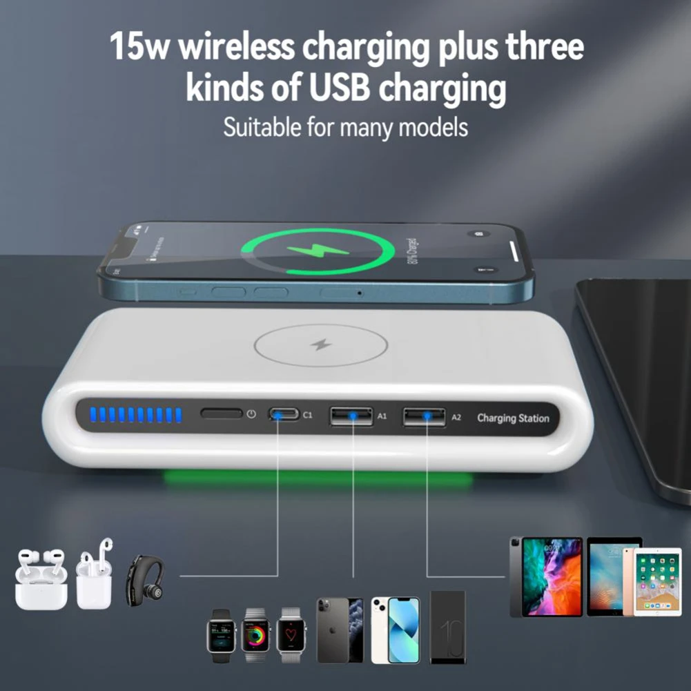 15 W 4 1 Bezvadu Lādētāja Uzlādes Srtation Multi USB Type C Fast Charger ar Apkārtējo Gaismu IPhone12 13 Samsung5