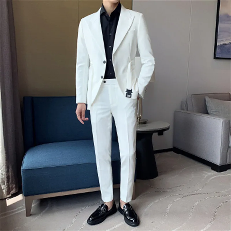 2 Gabals Kostīmi ar Biksēm Luksusa Vīriešu Uzvalki Komplekts Jostas Dizainers Slim Fit Balta Žakete, Kāzu Balles Kleitu Cilvēks Gadījuma Ternos Kostīms5