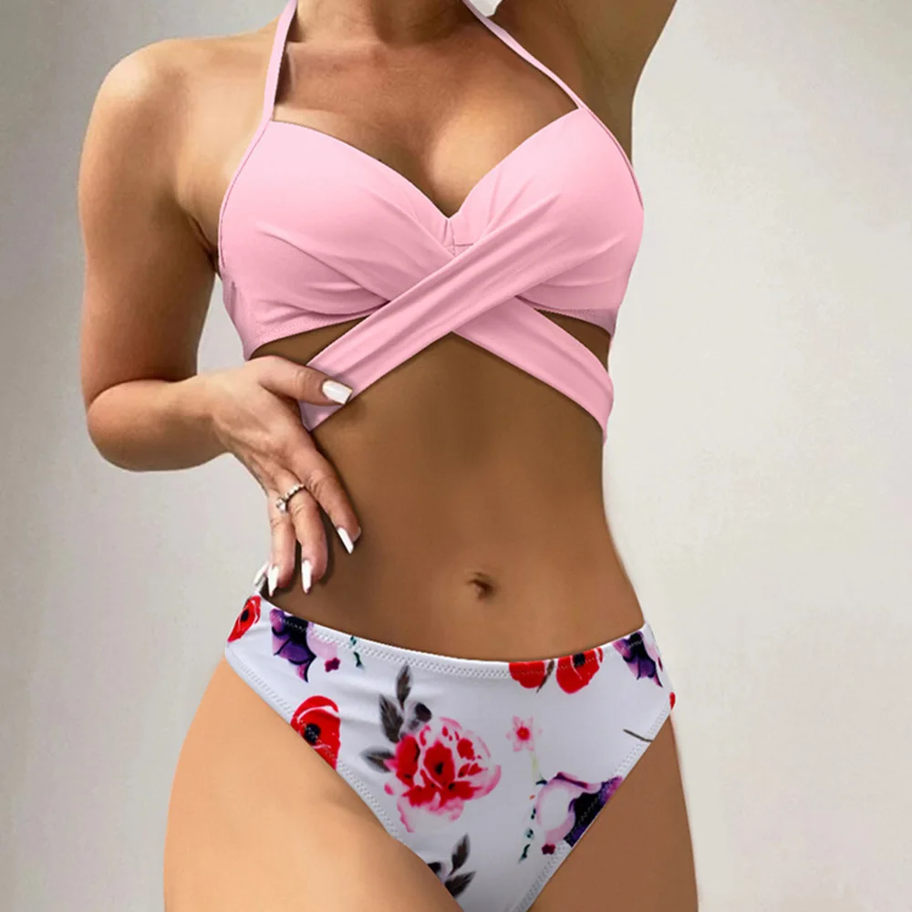 2023 Vasarā Jaunas Neatkarīgas Stacijas Bikini Sieviešu Sadalīt Cieto Soma Iespiests Krusts Siksna Sexy Multi-Krāsu Bikini Peldkostīms0
