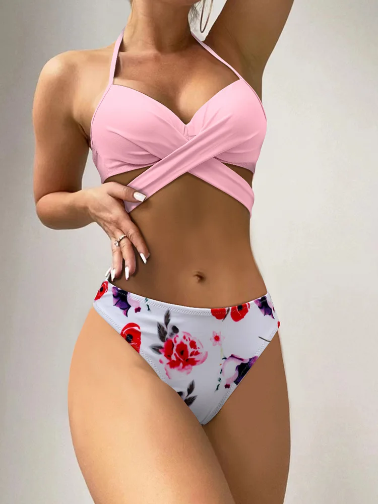 2023 Vasarā Jaunas Neatkarīgas Stacijas Bikini Sieviešu Sadalīt Cieto Soma Iespiests Krusts Siksna Sexy Multi-Krāsu Bikini Peldkostīms2