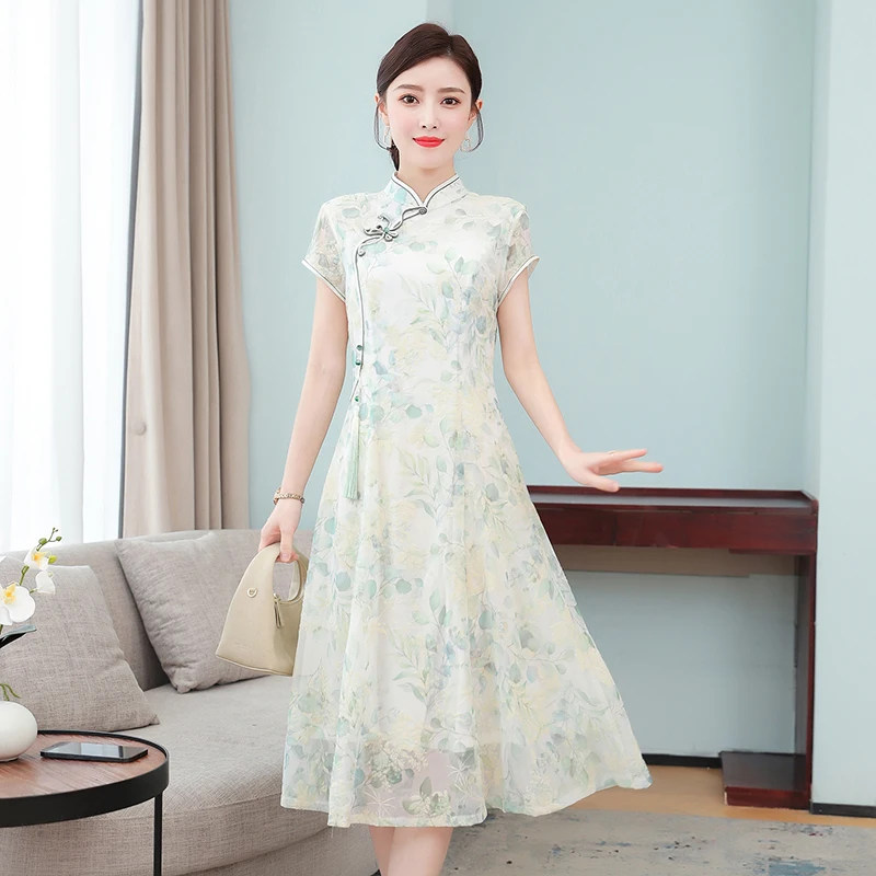 2023 vasaras uzlabota jaunas skaistas drēbes Ķīniešu stilā cheongsam kleitu ilgi-vārdu sievišķīgs temperaments0