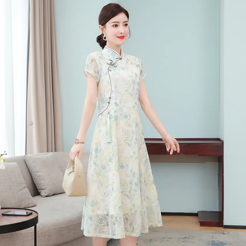 2023 vasaras uzlabota jaunas skaistas drēbes Ķīniešu stilā cheongsam kleitu ilgi-vārdu sievišķīgs temperaments2