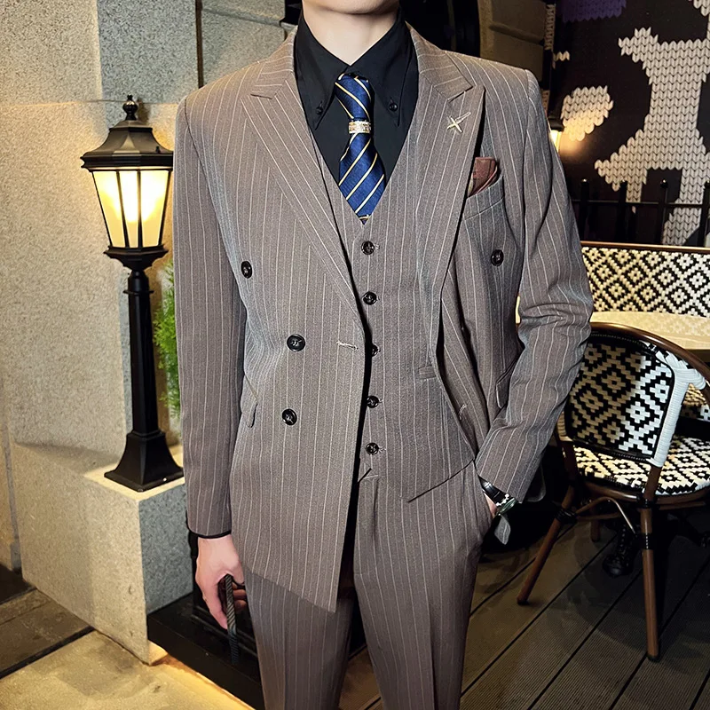 2023New modes korejas versija slim (Žakete+ veste + bikses) vīriešu divrindu svītraina Žakete trīs-gabalu groomsman uzvalks1