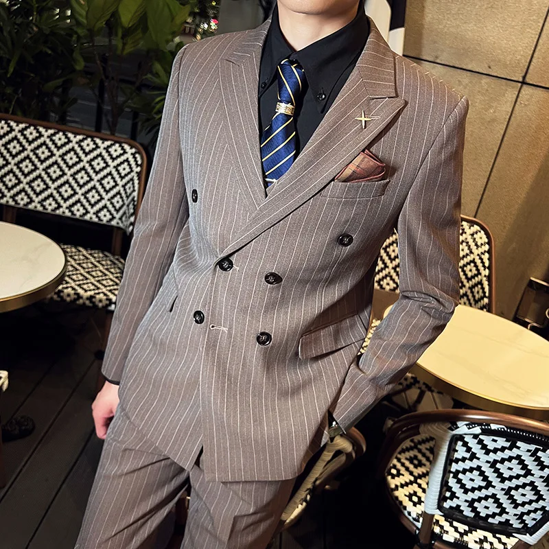 2023New modes korejas versija slim (Žakete+ veste + bikses) vīriešu divrindu svītraina Žakete trīs-gabalu groomsman uzvalks2