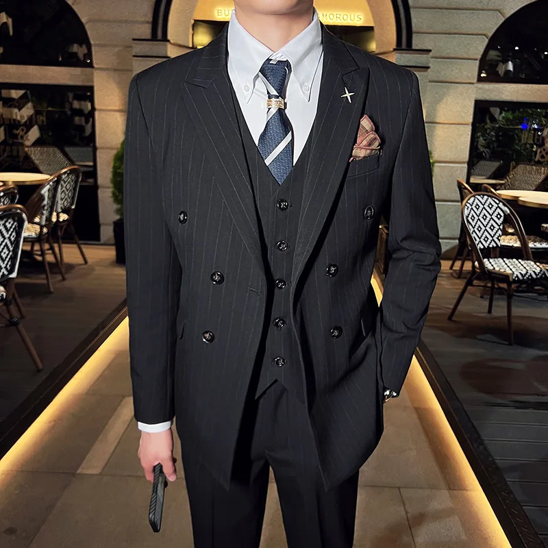 2023New modes korejas versija slim (Žakete+ veste + bikses) vīriešu divrindu svītraina Žakete trīs-gabalu groomsman uzvalks4