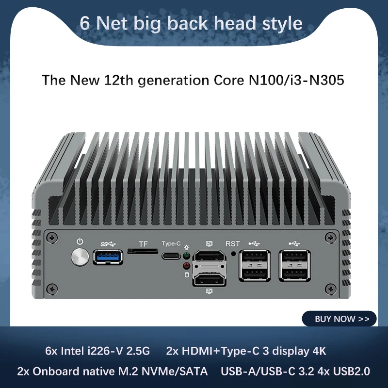 6 LAN 2.5 G Firewall Router 12 Gen Intel i3 N305 N100 6x i226-V Fanless Mini PC DDR5 2xHDMI2.1 USB3.2. Tips-C pfSense Proxmox0