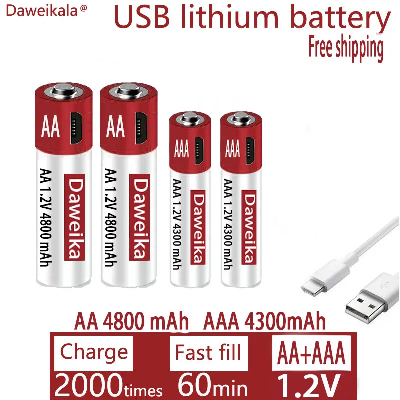AA + AAA USB uzlādes 1.2 V AA 4800mAh uzlādējams litija akumulatoru tālvadības pulti, peli, rotaļlietas akumulators + bezmaksas piegāde0