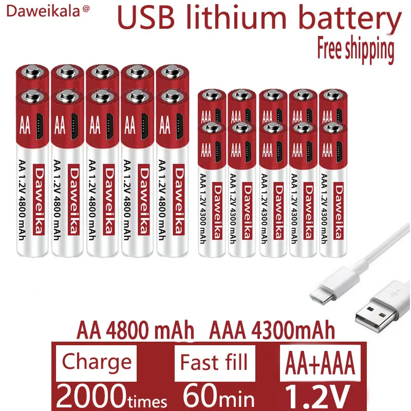 AA + AAA USB uzlādes 1.2 V AA 4800mAh uzlādējams litija akumulatoru tālvadības pulti, peli, rotaļlietas akumulators + bezmaksas piegāde4