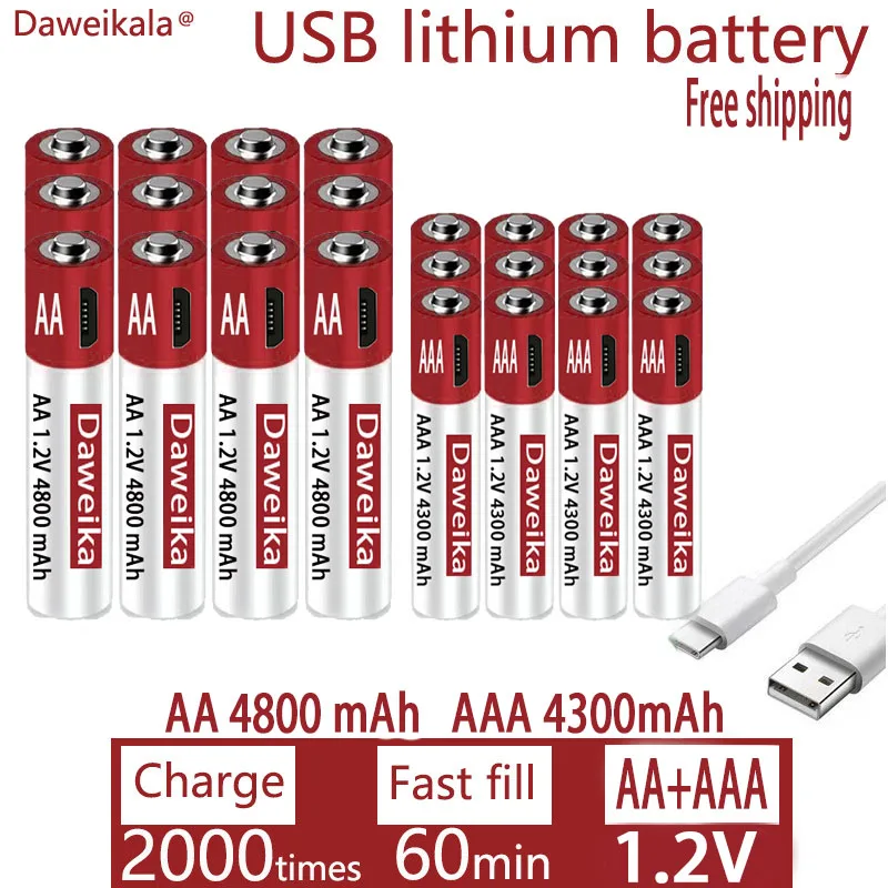 AA + AAA USB uzlādes 1.2 V AA 4800mAh uzlādējams litija akumulatoru tālvadības pulti, peli, rotaļlietas akumulators + bezmaksas piegāde5