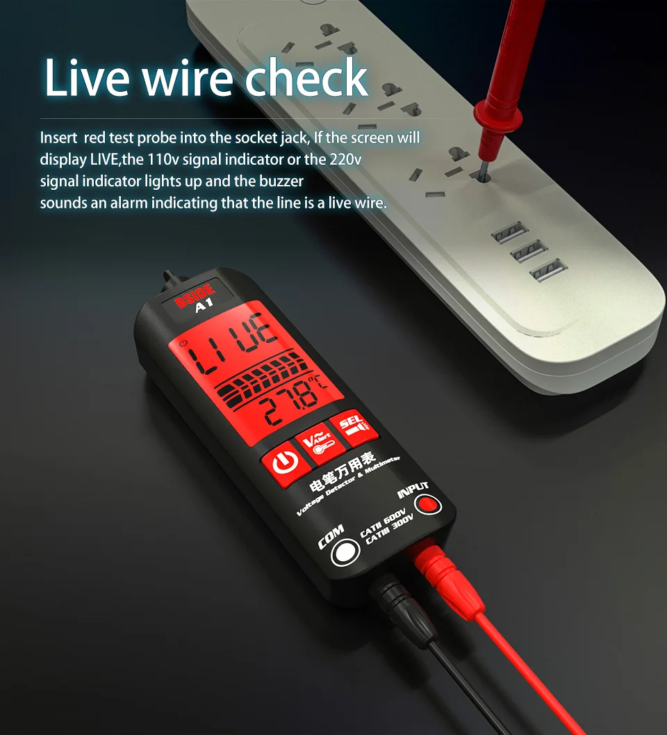 BSIDE A1 Sprieguma Testeris Detektoru Multimetrs Krāsu Displejs bezkontaktu elektrisko pen Dual Diapazons Live Stieples testa Ohm Hz TSV mērītājs4
