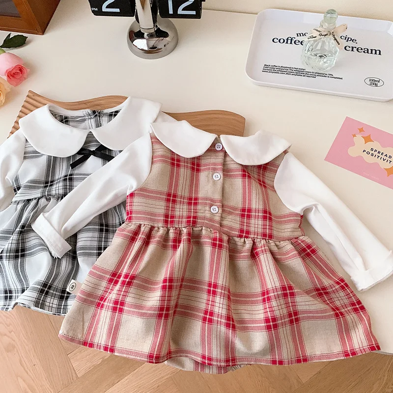 Baby Girl Dress Romper 0-24Months Princese Bodysuit garām Piedurknēm Peter Pan Apkakli Loku Pleds Vadvirsmas Jumpsuit Dzimšanas dienas Drēbes INS1
