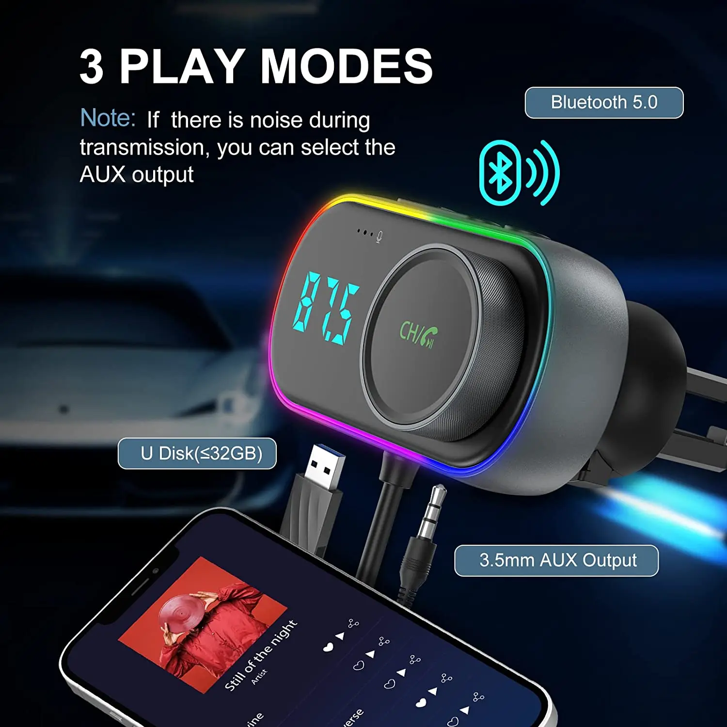 Bluetooth 5.0 FM Modulators, Krāsains Gaismas Bezvadu Automašīnas MP3 Atskaņotājs ar AUX TF Slots USB Mūziku, Spēlēt PD 30W QC3.0 Fast Charger Komplekti1