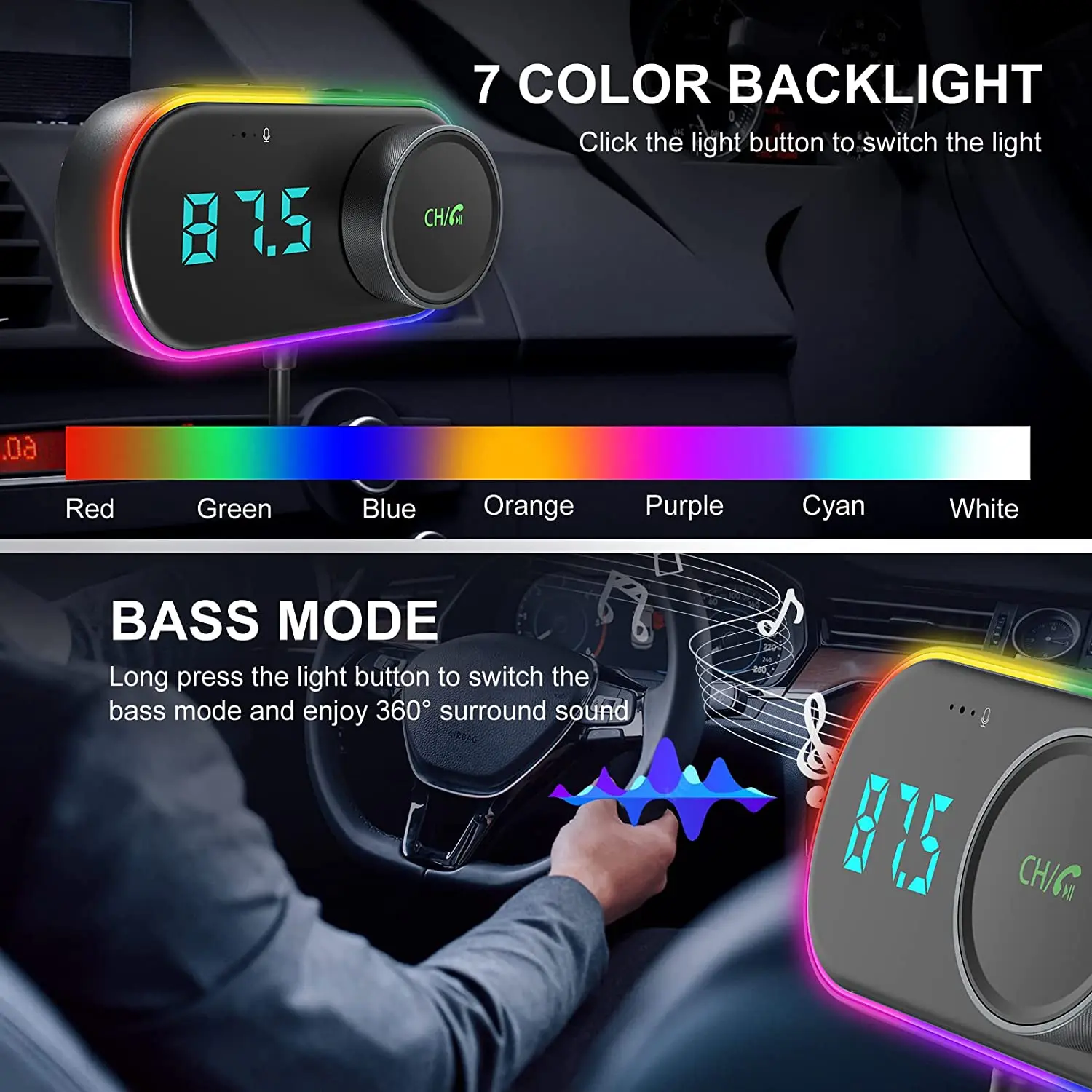 Bluetooth 5.0 FM Modulators, Krāsains Gaismas Bezvadu Automašīnas MP3 Atskaņotājs ar AUX TF Slots USB Mūziku, Spēlēt PD 30W QC3.0 Fast Charger Komplekti2