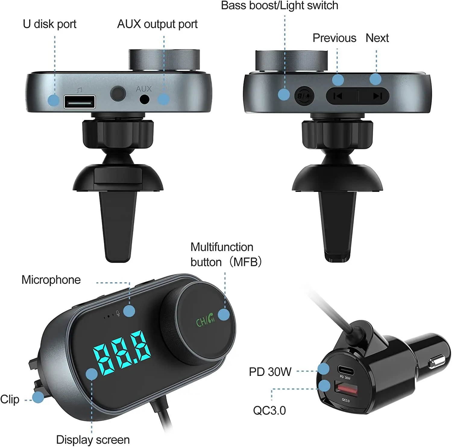 Bluetooth 5.0 FM Modulators, Krāsains Gaismas Bezvadu Automašīnas MP3 Atskaņotājs ar AUX TF Slots USB Mūziku, Spēlēt PD 30W QC3.0 Fast Charger Komplekti5