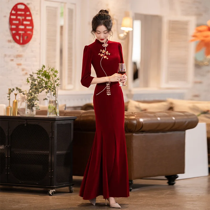 Bordo Līgava Kāzu Kleitu Sexy Velūra Sirēna Slavenību Banketa Kleita Ķīniešu Stilā Sievietēm Qipao Cheongsam Drēbes De Saviesīgs Vakars5