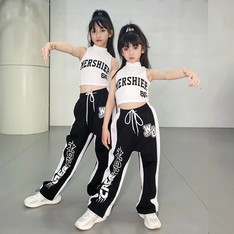 Bērnu Džeza Deju Tērpi Meitenēm Balta Veste Vaļīgas Bikses Ielu Deju apģērbi Bērniem Balles Hip Hop Deju Rave Drēbes DQS12520