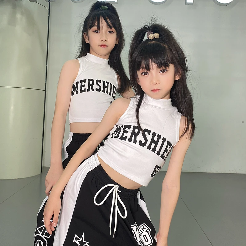 Bērnu Džeza Deju Tērpi Meitenēm Balta Veste Vaļīgas Bikses Ielu Deju apģērbi Bērniem Balles Hip Hop Deju Rave Drēbes DQS12523