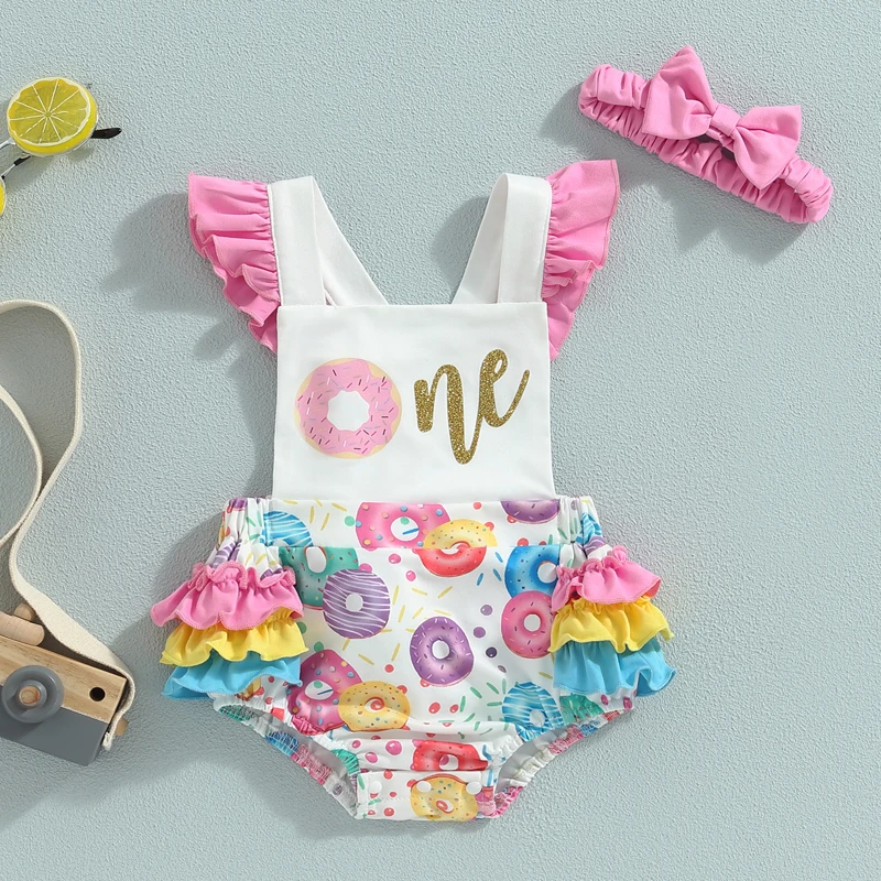 Bērnu Vasaras Apģērbu Jaundzimušā bērna Baby Girl Apģērbu bez Piedurknēm Savirmot Donut Drukāt Romper Jumpsuit Galvu 2gab Tērpiem0