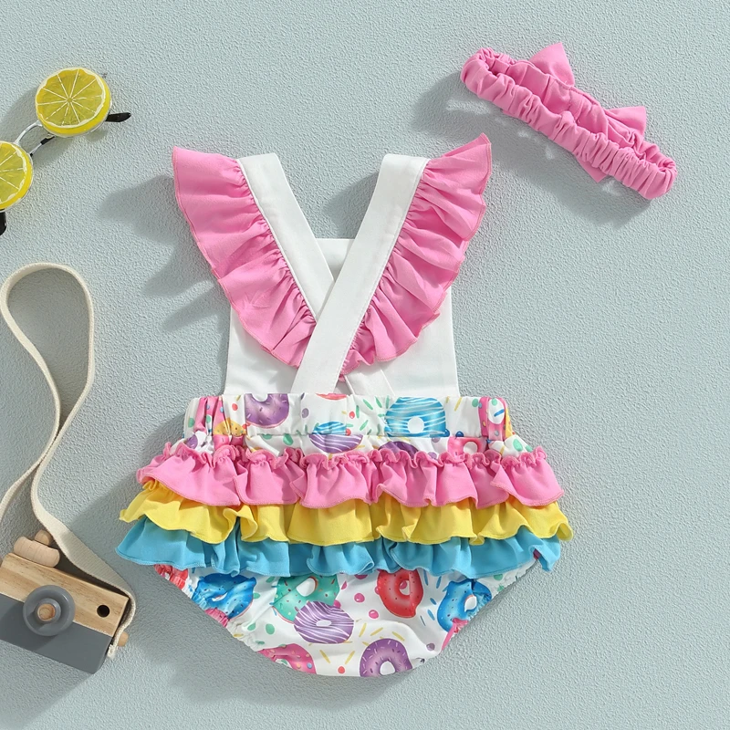 Bērnu Vasaras Apģērbu Jaundzimušā bērna Baby Girl Apģērbu bez Piedurknēm Savirmot Donut Drukāt Romper Jumpsuit Galvu 2gab Tērpiem1