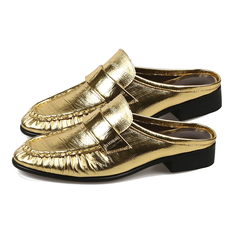 EAGSITY Britu stila zelta penss mokasīni mūlis apavu govs ādas sieviešu papēžu kurpes dāmas gadījuma paslīdēt uz slinks ādas kurpes0
