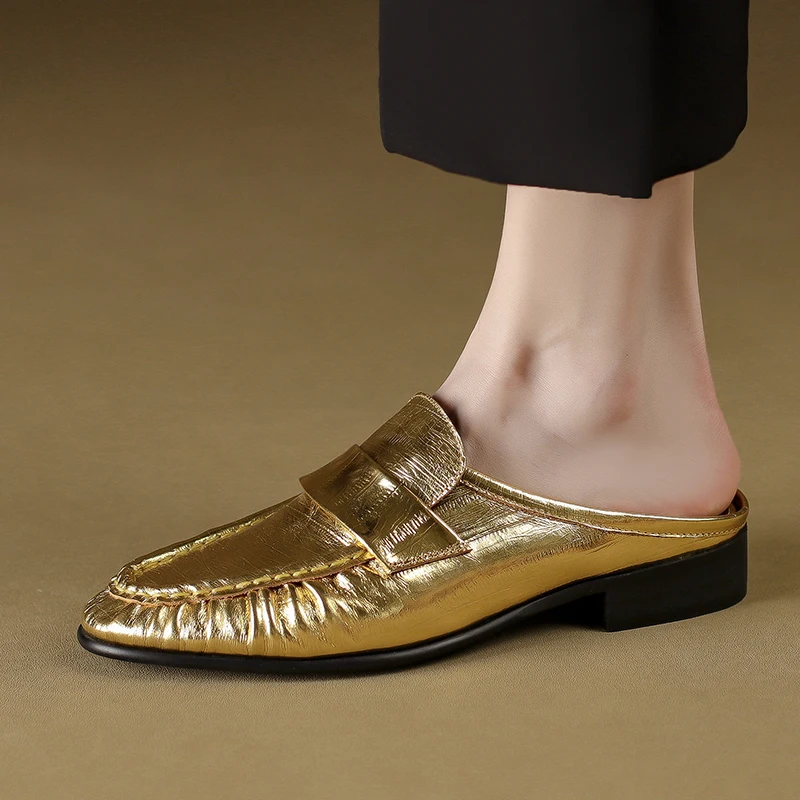 EAGSITY Britu stila zelta penss mokasīni mūlis apavu govs ādas sieviešu papēžu kurpes dāmas gadījuma paslīdēt uz slinks ādas kurpes1