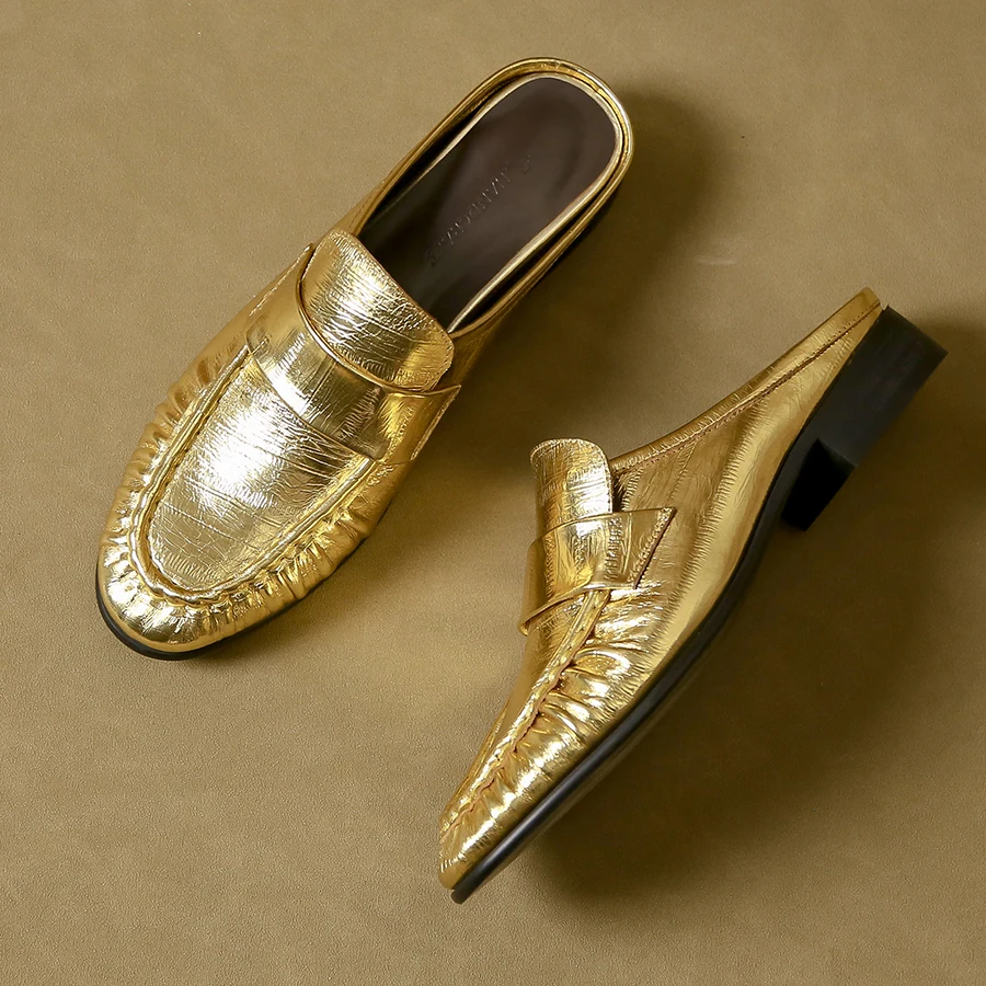 EAGSITY Britu stila zelta penss mokasīni mūlis apavu govs ādas sieviešu papēžu kurpes dāmas gadījuma paslīdēt uz slinks ādas kurpes3