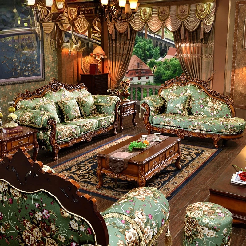 Eiropas auduma dīvāns, noņemams un mazgājams Amerikas pastorālo ciets koks cirsts dzīvojamā istaba luksus mēbeles1