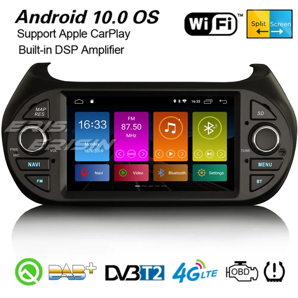 Erisin 3075 Android 10.0 DSP Auto Stereo Carplay DAB+ GPS, WiFi, USB DVR BT TPMS DVB-T Fiat Fiorino Citroen Nemo Peugeot Bipper0