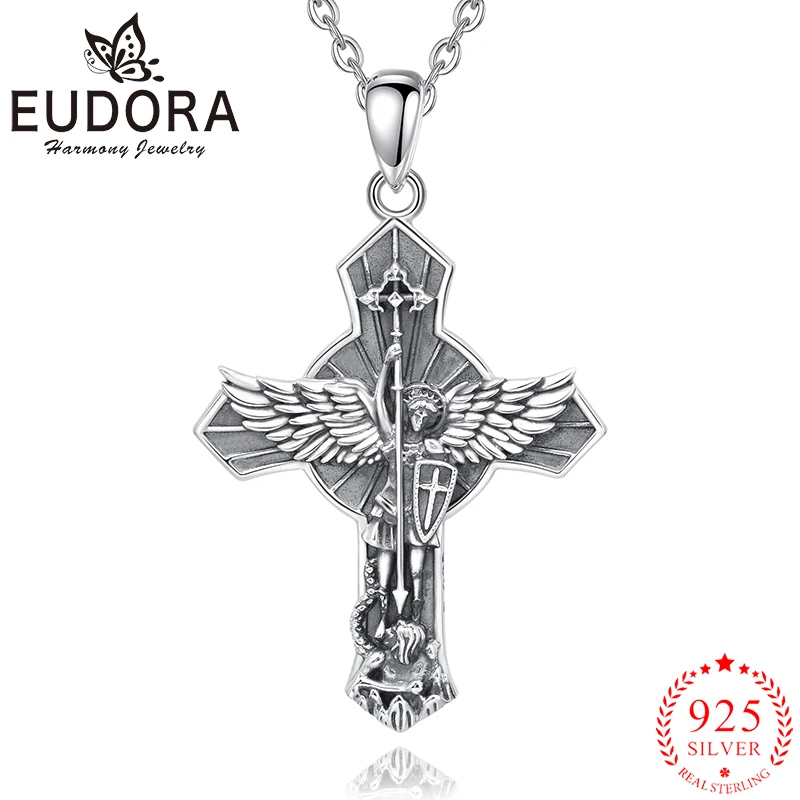 Eudora Jauns 925 Sterling Sudraba St. Michael Archangel Kaklarota Cross Vintage Ārējie Kulons Reliģisko Rotaslietas Dāvanu Vīrieši Sievietes0