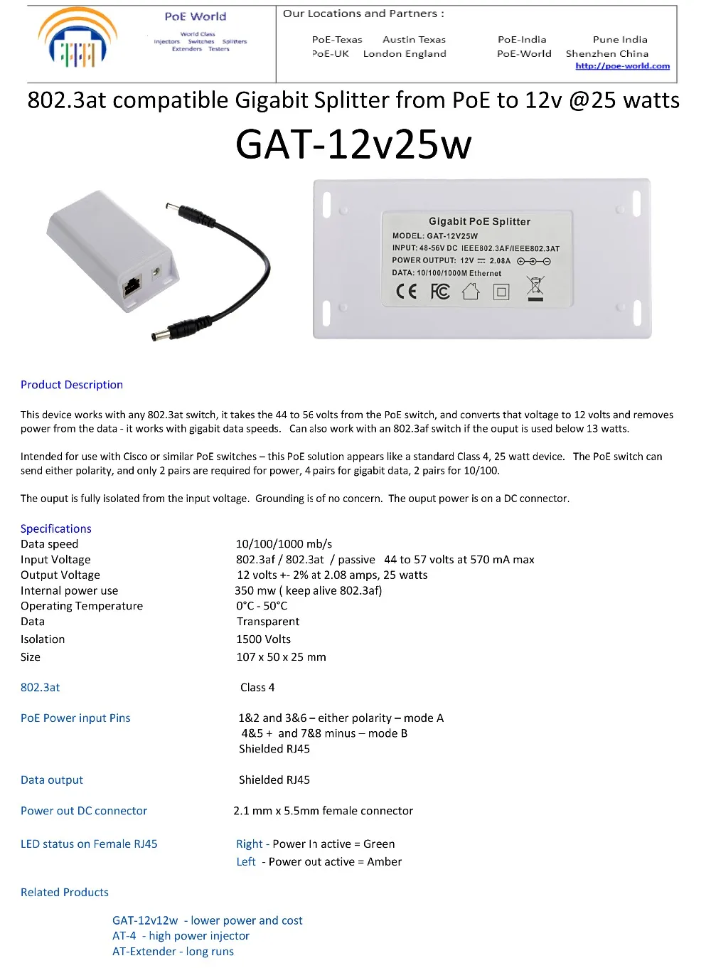 Gigabit PoE Splitter 1000Mbps Ethernet ātrums power over ethernet tīkla sadalītājs ar 12 Voltu 25 Vatu jauda 12V non-poe ierīces4
