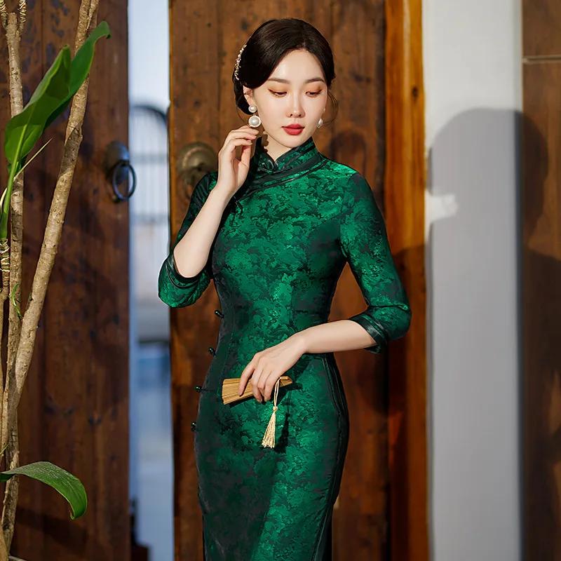 Green Summer Cheongsam Ilgi Mandarīnu Apkakles Qipao Mežģīņu Kleitu Modes Ķīniešu Stila Kleitas Plus Lieluma 3XL Darbības Kostīms0