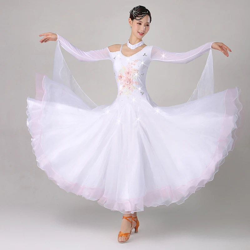 Jauno Sieviešu Balles Konkurences Kleitas Mūsdienu Valsis Tango Standarta Apģērbu Rhinestone Balts Lielās Šūpoles Skatuves Tērpiem0