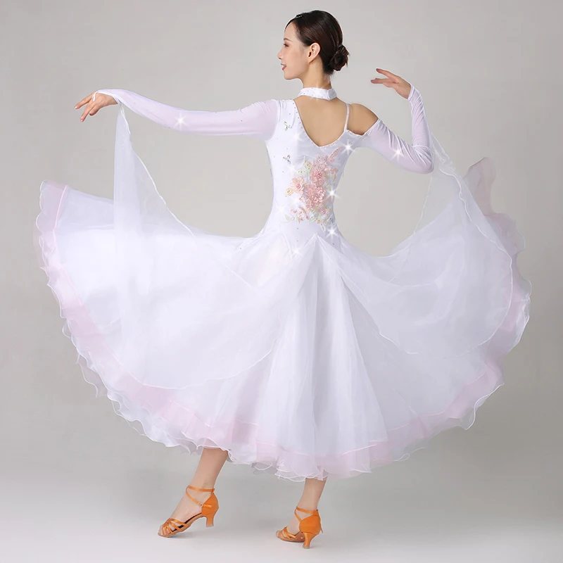 Jauno Sieviešu Balles Konkurences Kleitas Mūsdienu Valsis Tango Standarta Apģērbu Rhinestone Balts Lielās Šūpoles Skatuves Tērpiem2