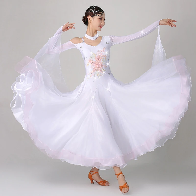 Jauno Sieviešu Balles Konkurences Kleitas Mūsdienu Valsis Tango Standarta Apģērbu Rhinestone Balts Lielās Šūpoles Skatuves Tērpiem3