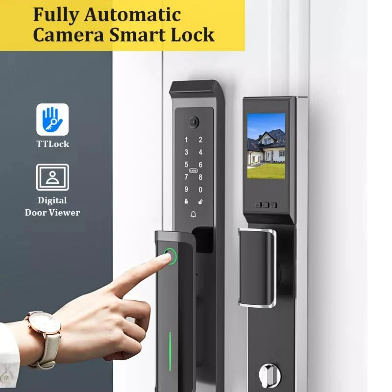 Jaunu Moblie TTLock APP Biometrisko pirkstu Nospiedumu RFID Kartes Paroli, Ievadiet Gudrs Durvju slēdzenes, Elektroniska Durvju pirkstu Nospiedumu Slēdzene Ar Kameru1