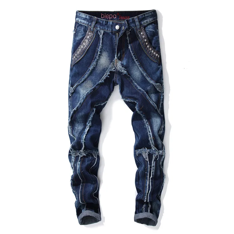 Modes dizainera džinsi iznīcināta vīriešiem raibs naktsklubs streetwear hip hop, rock, punk džinsa bikses slim taisnas bikses0