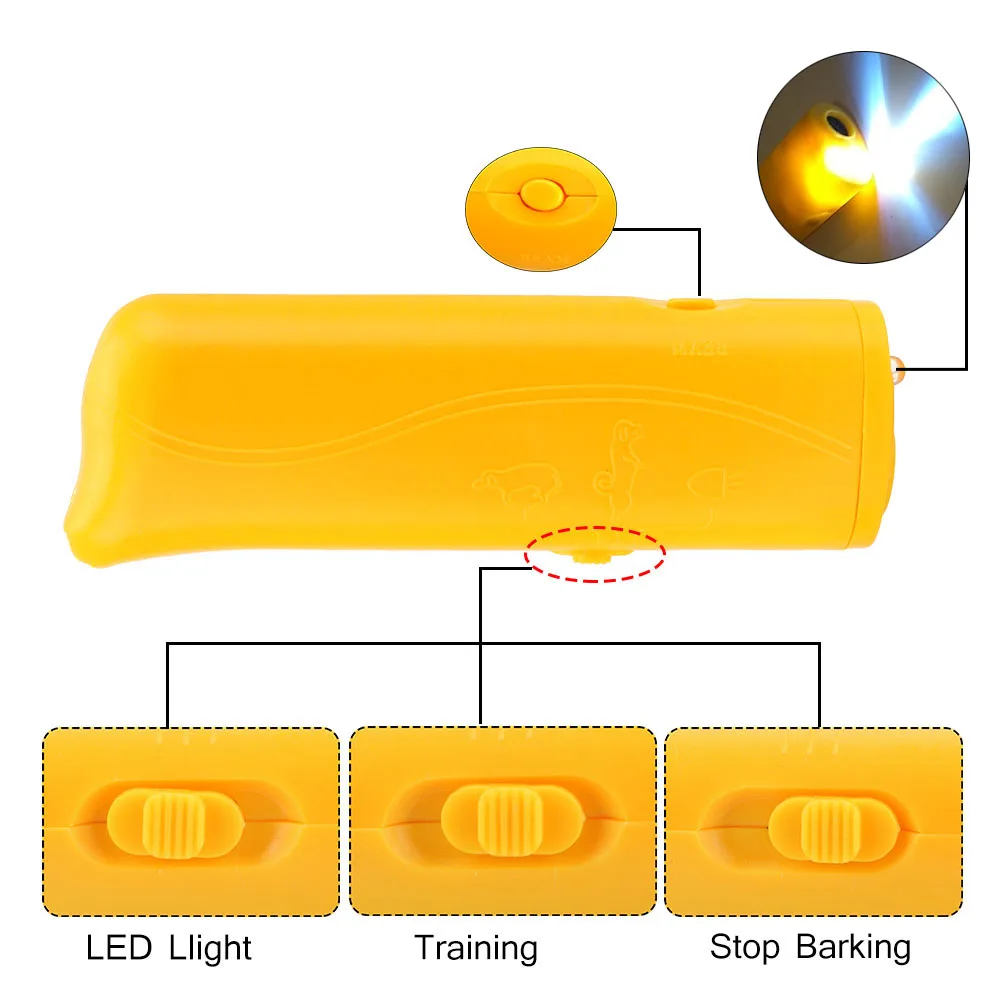 Pet Suns Repeller 3 in 1 Pet Suņu Apmācību Ultraskaņas Iekārtas Anti Riešana pārstās Riet Dzīvojamā Istaba Ar LED Lukturīti1