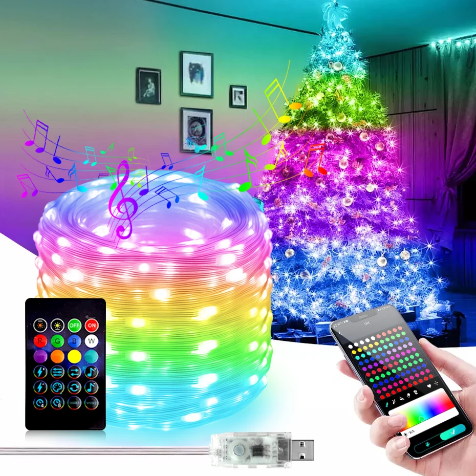 RGBIC Sapnis Krāsu LED String Pasaku Gaismas 5V WS2812B Bluetooth Smart Ziemassvētku Vainags Gaiši Ūdensizturīgs IP67 Party Room0