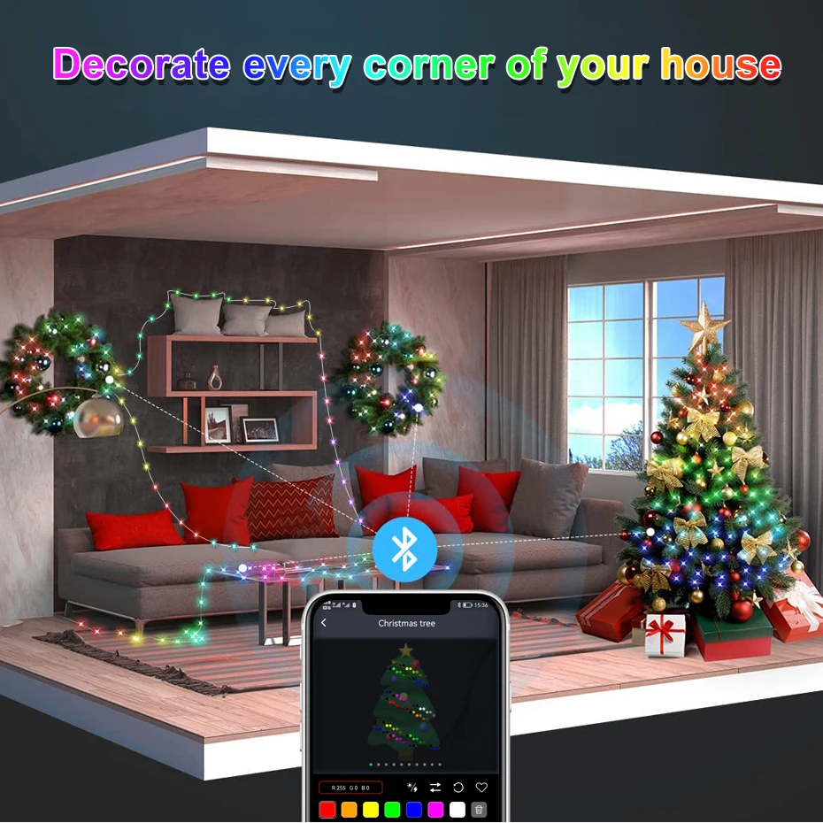 RGBIC Sapnis Krāsu LED String Pasaku Gaismas 5V WS2812B Bluetooth Smart Ziemassvētku Vainags Gaiši Ūdensizturīgs IP67 Party Room5
