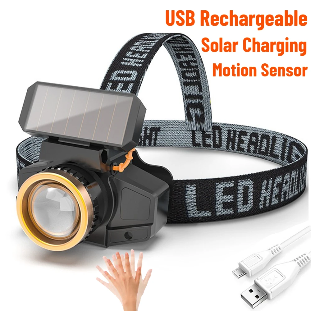 Saules Uzlādes XPE LED Lukturis Kustības Sensors priekšējo Lukturu un Baterija Galvas Lukturīti USB Ūdensizturīgs Nometnē Lukturi Lukturi Darba Gaismas0