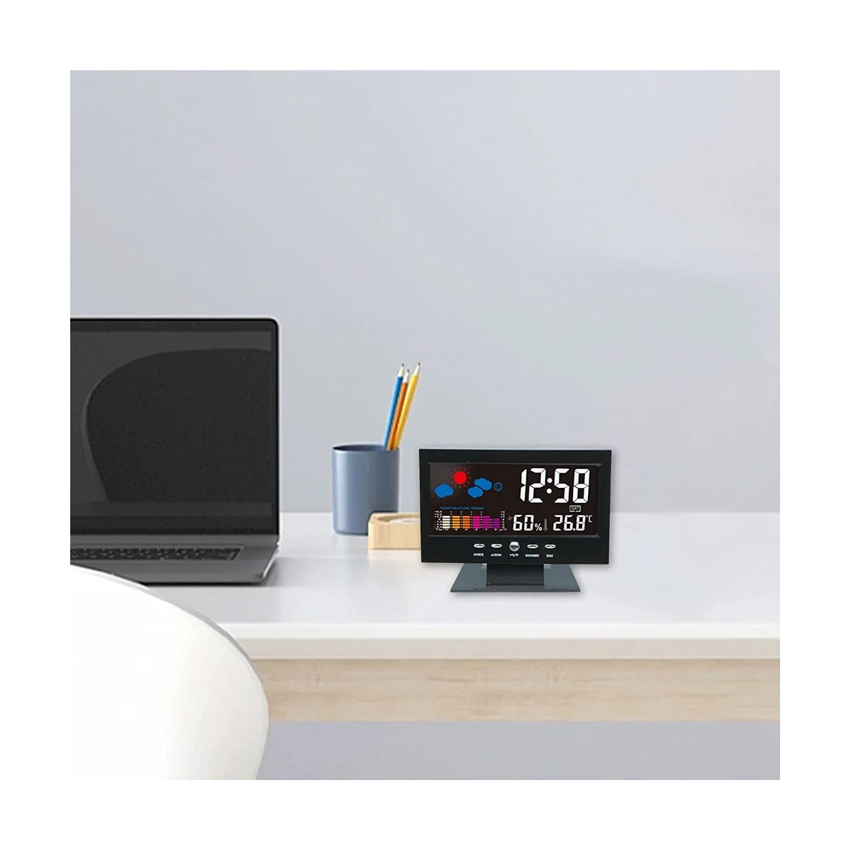 Temperatūras un Mitruma Krāsu Ekrāna, Galda Pulksteni, Bezvadu Laika Prognozes Backlit LCD Modinātājs, Skaņas1