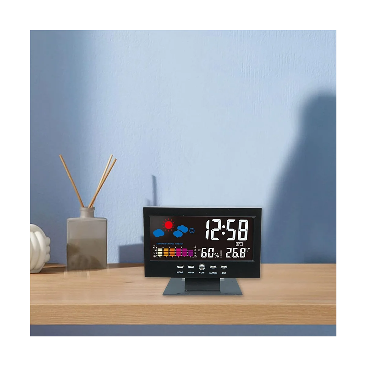 Temperatūras un Mitruma Krāsu Ekrāna, Galda Pulksteni, Bezvadu Laika Prognozes Backlit LCD Modinātājs, Skaņas3
