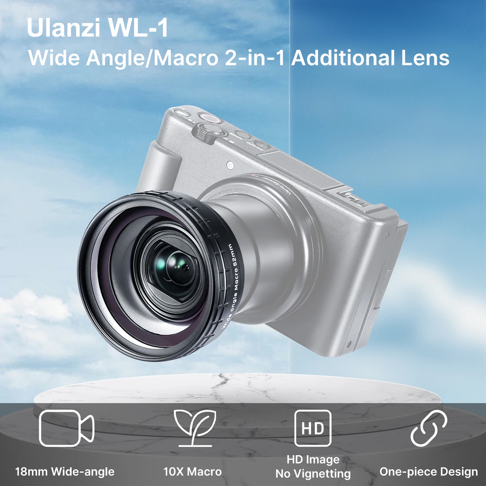 Ulanzi WL-1 18mm Platleņķa Objektīvs 10X Makro Objektīvs 2-in-1 Papildus Objektīvs ar Tīrīšanas Lupatiņu Sony ZV-1 Kameru Piederumi0