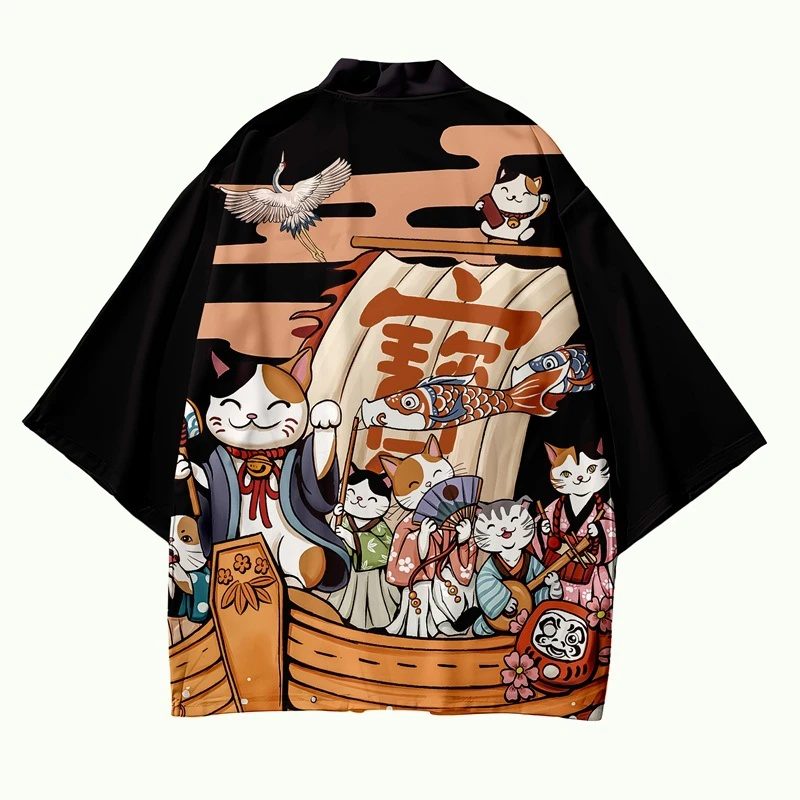 Vasaras Zaudēt Blūze Topi Gadījuma Cosplay Melnais Kaķis, Drukāt Kimono Harajuku Fashion Jaciņa Japāņu Kimono0