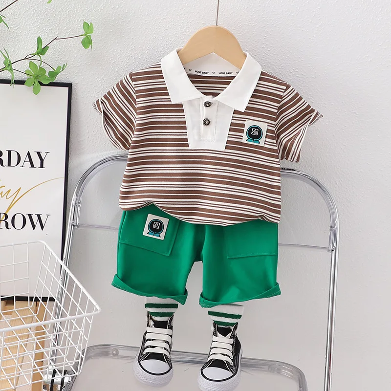 Vasarā Bērni Toddler Zēns Apģērbu Komplekts Gadījuma Svītru Īsām Piedurknēm POLO Krekls Kokvilnas Bikses, Uzvalks Infant Baby Boy Apģērbs Uzstādīt GY050621