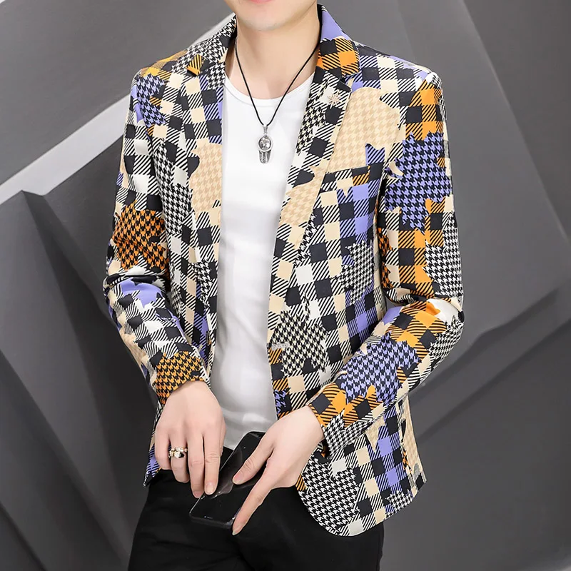 Vīriešu Pleds Drukāt Žakete Pavasara Jaunu Korejiešu Modes Casual Slim Uzvalks Jaka Kāzu Uzņēmējdarbības Puses Streetwear Vīriešu Apģērbs2