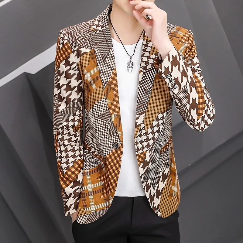 Vīriešu Pleds Drukāt Žakete Pavasara Jaunu Korejiešu Modes Casual Slim Uzvalks Jaka Kāzu Uzņēmējdarbības Puses Streetwear Vīriešu Apģērbs3