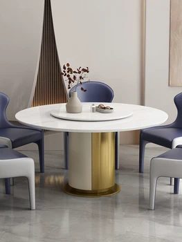 Gaismas luksusa pusdienu galds, augstas kvalitātes itāļu stilā, moderns un vienkāršs mājas restorāns, rotējošs galds, cilindriska ēdamistaba galda