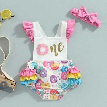 Bērnu Vasaras Apģērbu Jaundzimušā bērna Baby Girl Apģērbu bez Piedurknēm Savirmot Donut Drukāt Romper Jumpsuit Galvu 2gab Tērpiem