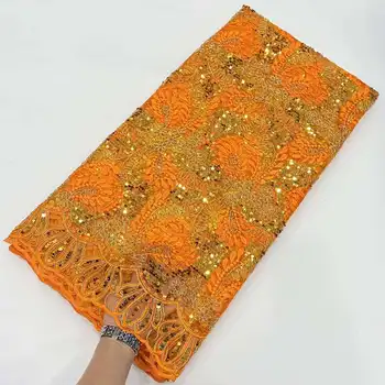 Apelsīnu 3D Vizuļi Āfrikas Mežģīņu Auduma 2023 Augstas Kvalitātes Nigērijas franču Tilla Mežģīņu Audums Acs Kāzu Šūt kleitu
